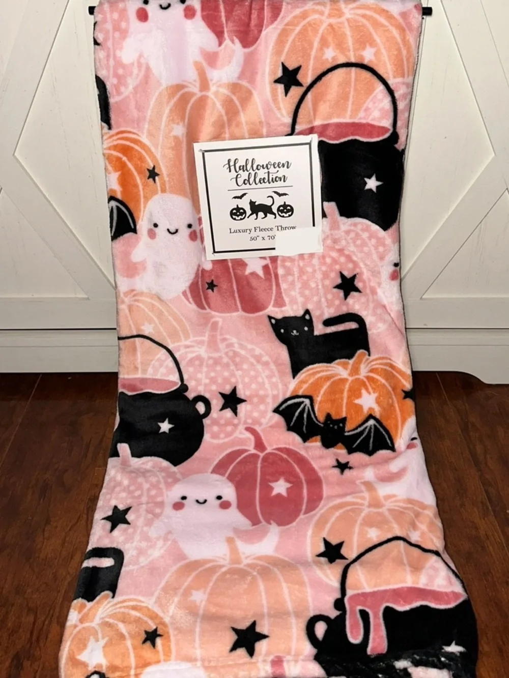 Halloween Collection Pink & Orange Pumpkin & Ghost Plush Throw Blanket